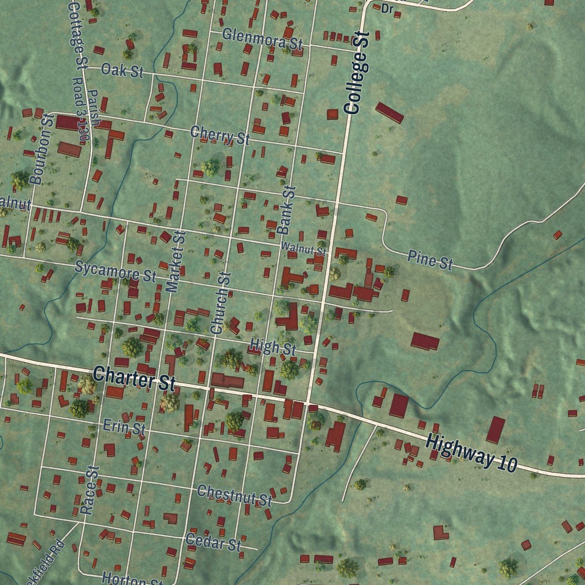 Close-up of the map of Jackson, Louisiana print showing street and building detail