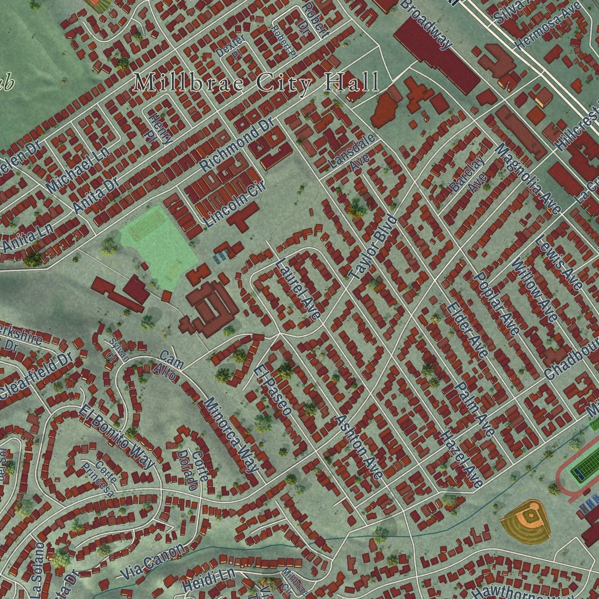 Close-up of the map of Millbrae, California print showing street and building detail