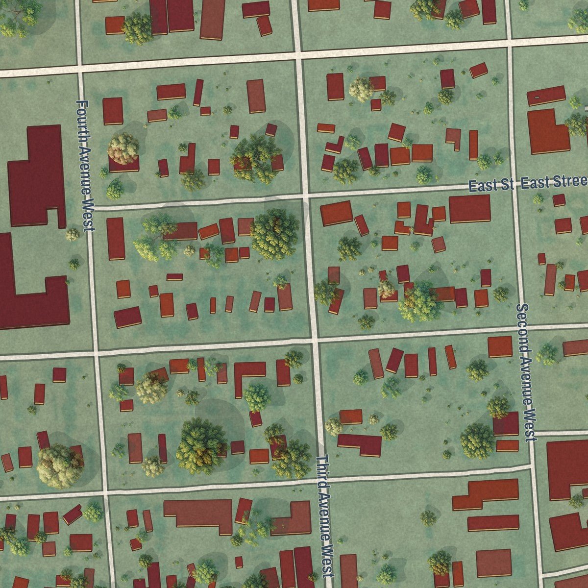 Close-up of the map of Poplar, Montana print showing street and building detail