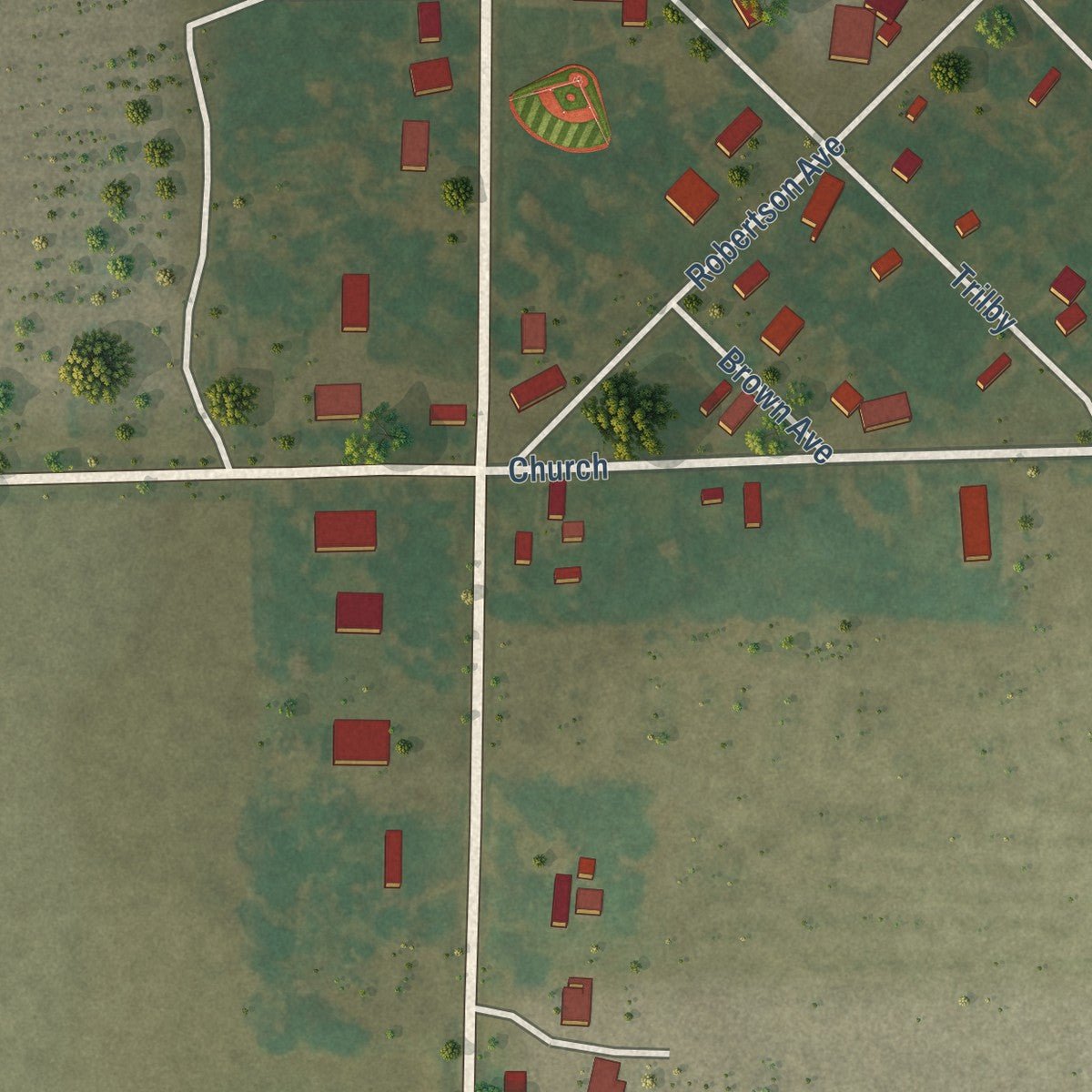 Close-up of the map of Aubrey, Arkansas print showing street and building detail