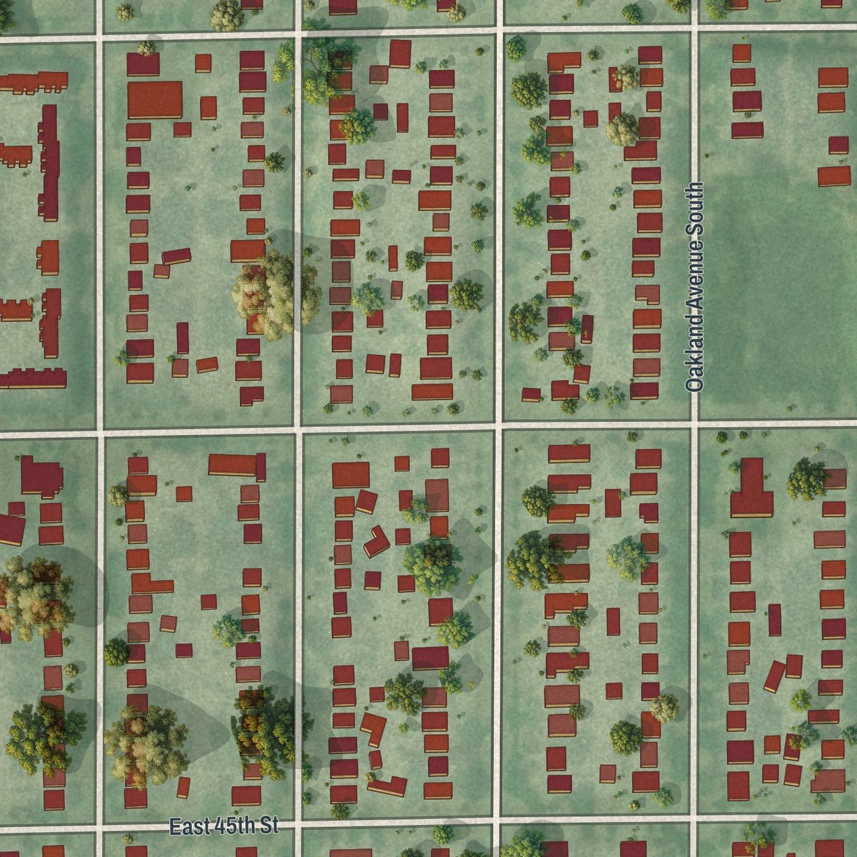 Close-up of the map of Regina, Minnesota print showing street and building detail