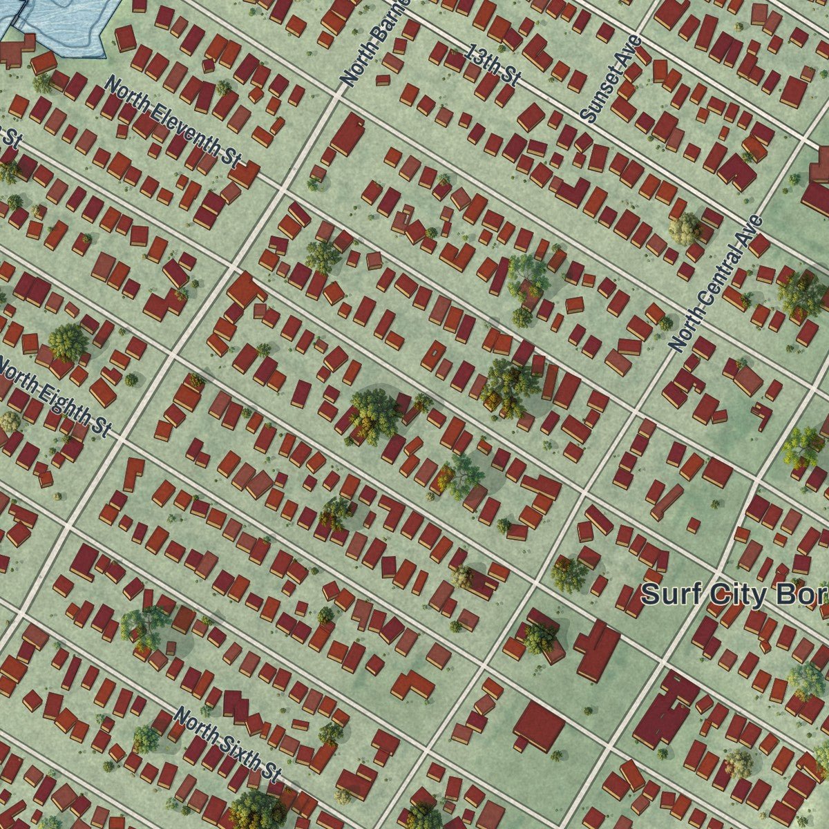 Close-up of the map of Surf City, New Jersey print showing street and building detail