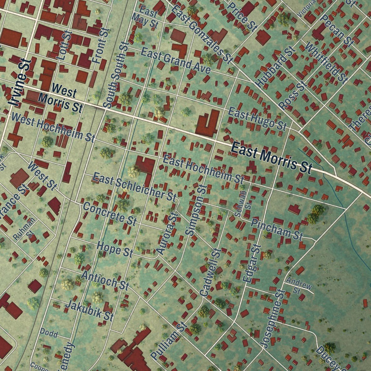 Close-up of the map of Yoakum, Texas print showing street and building detail