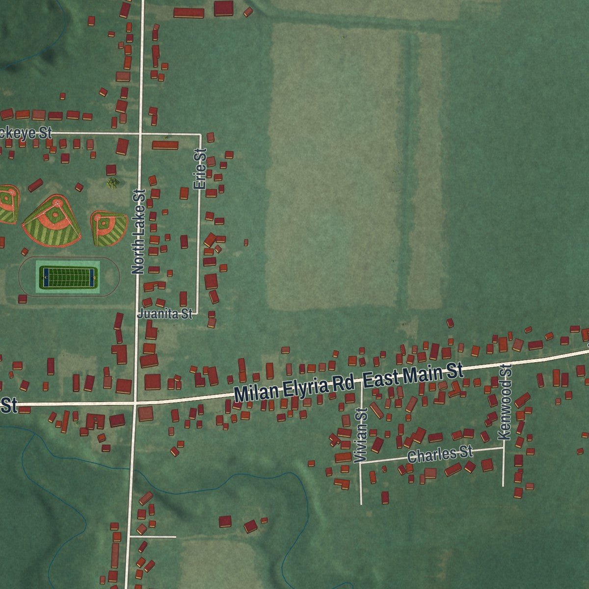 Close-up of the map of South Amherst, Ohio print showing street and building detail