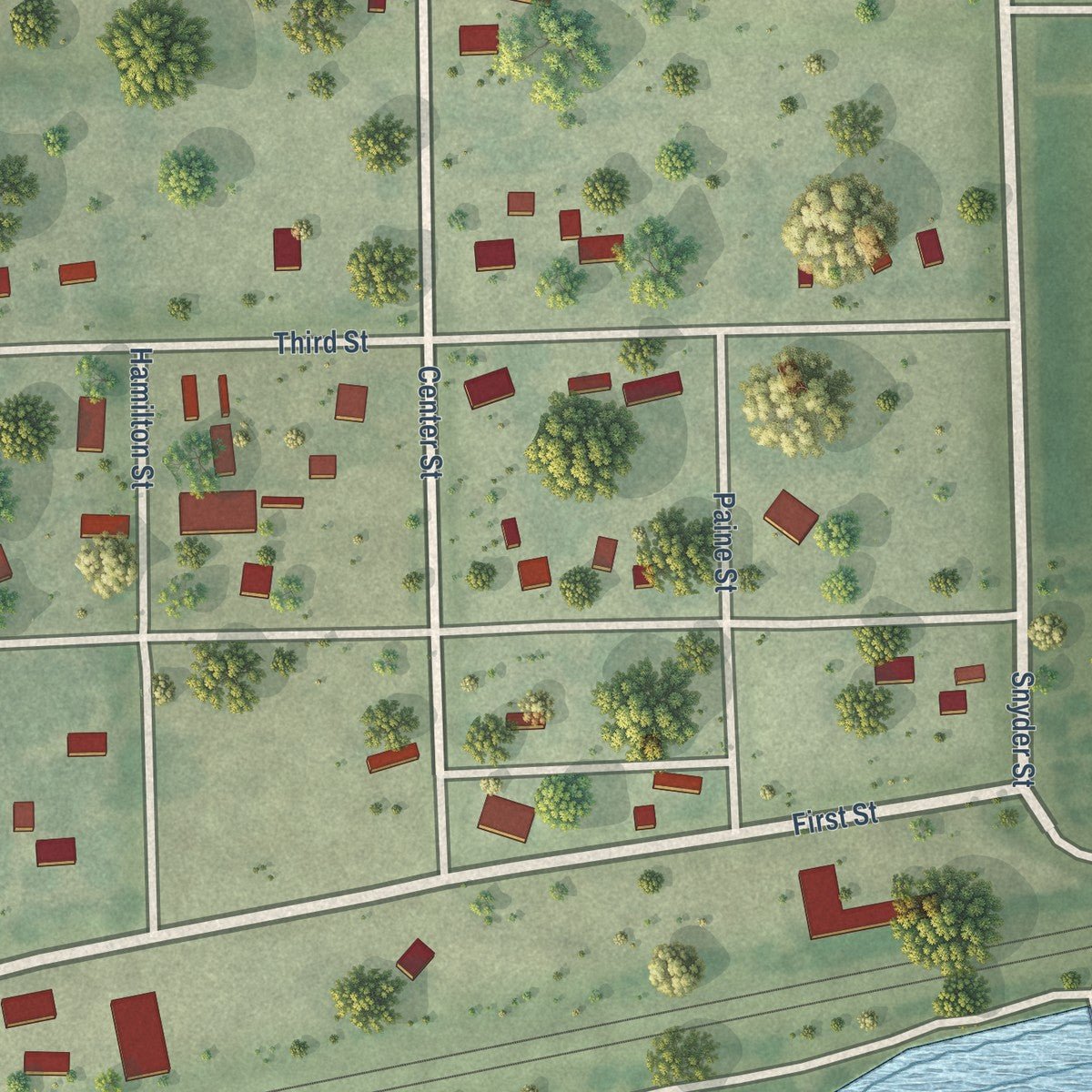 Close-up of the map of Rogers, Nebraska print showing street and building detail