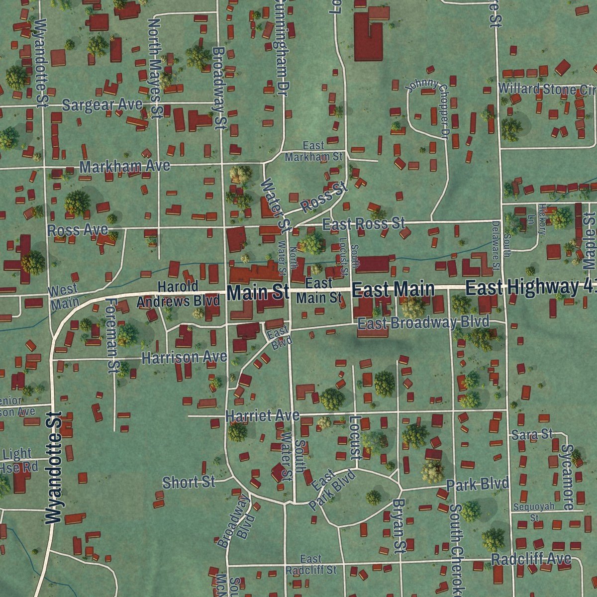 Close-up of the map of Locust Grove, Oklahoma print showing street and building detail