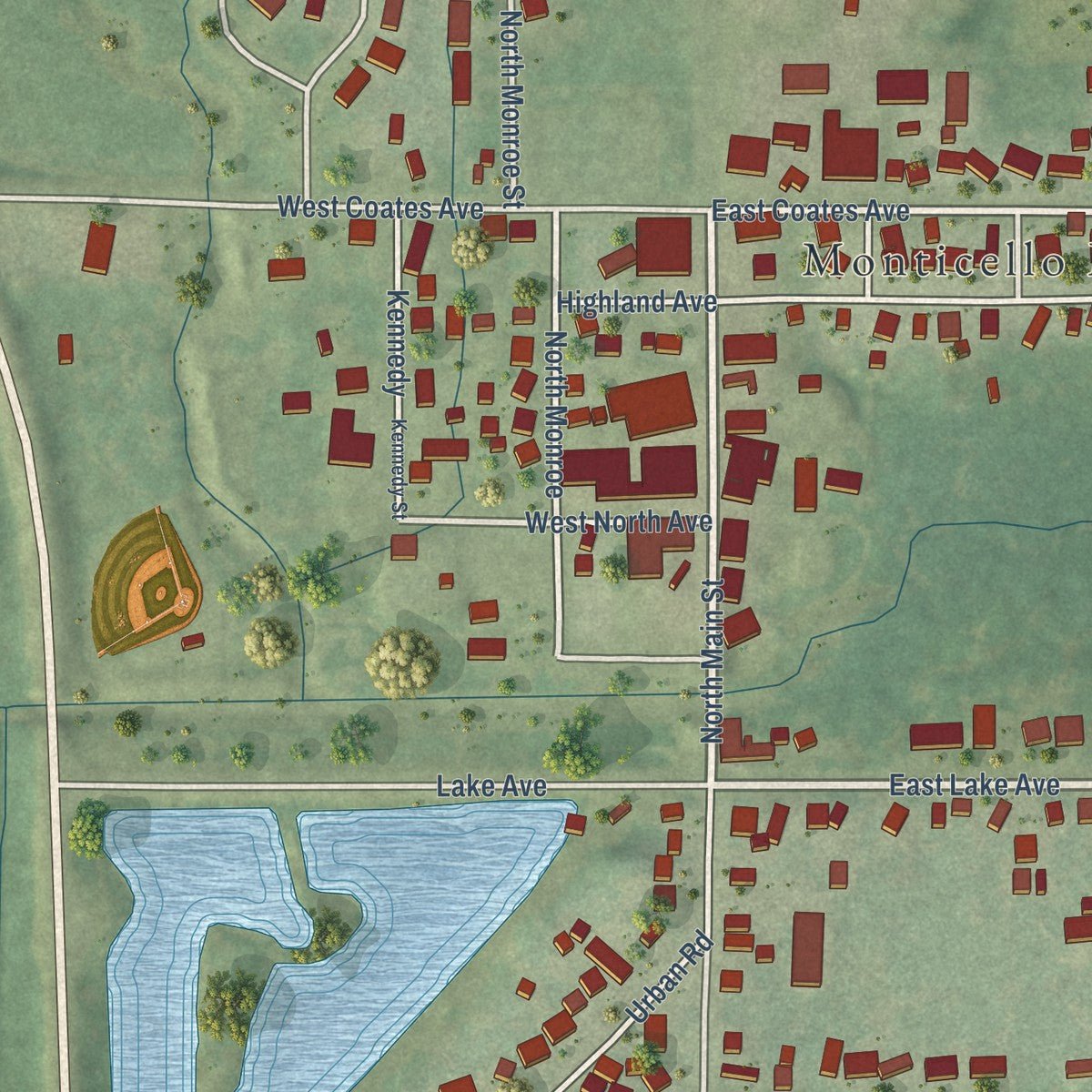 Close-up of the map of Monticello, Green County, Wisconsin print showing street and building detail
