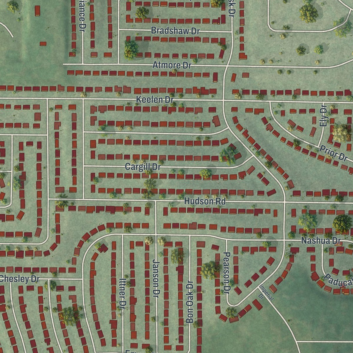 Close-up of the map of Dellwood, Missouri print showing street and building detail