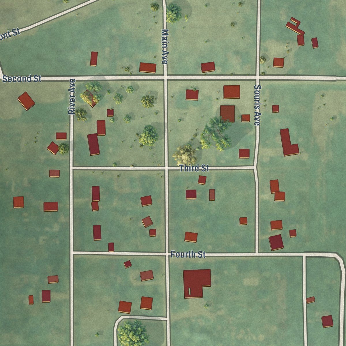 Close-up of the map of Landa, North Dakota print showing street and building detail