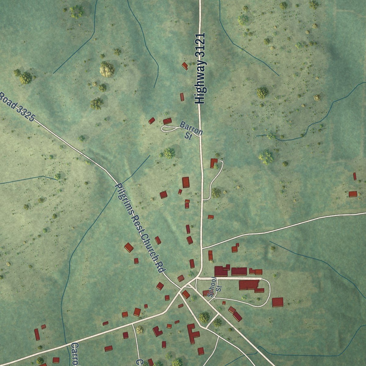 Close-up of the map of Spearsville, Louisiana print showing street and building detail