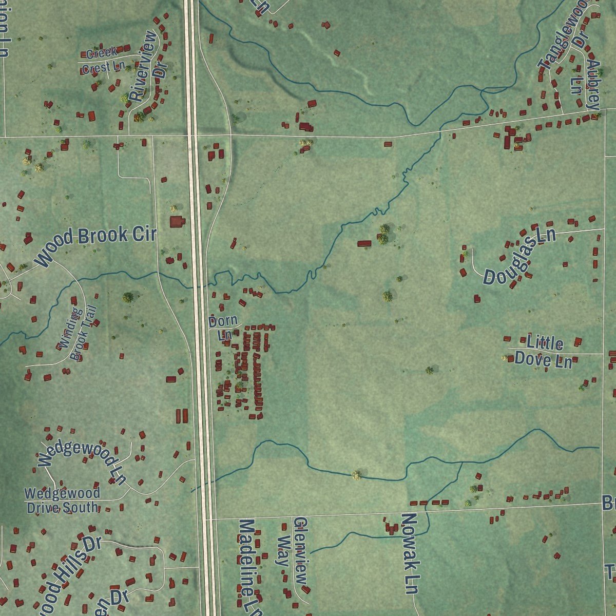 Close-up of the map of Little Suamico, Wisconsin print showing street and building detail