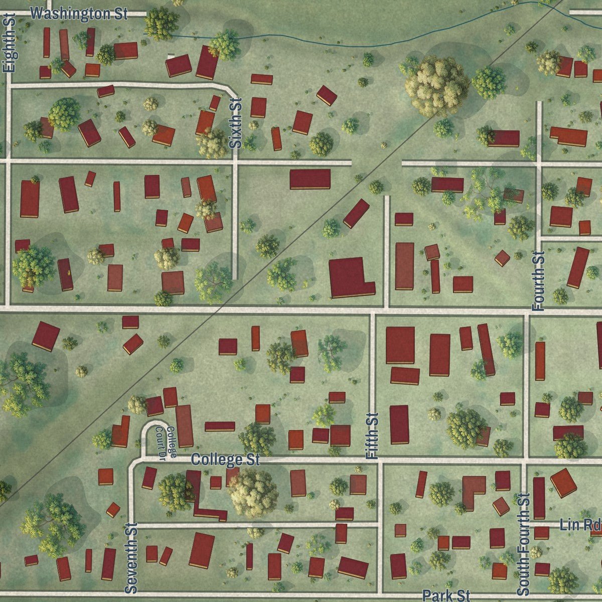 Close-up of the map of Lerna, Illinois print showing street and building detail