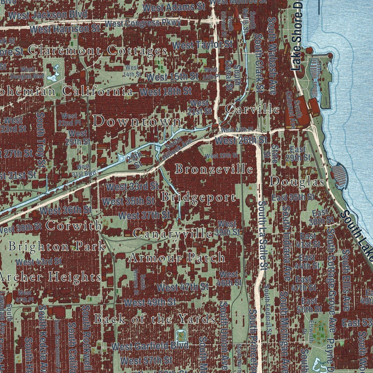 Close-up of the map of Chicago, Illinois print showing street and building detail
