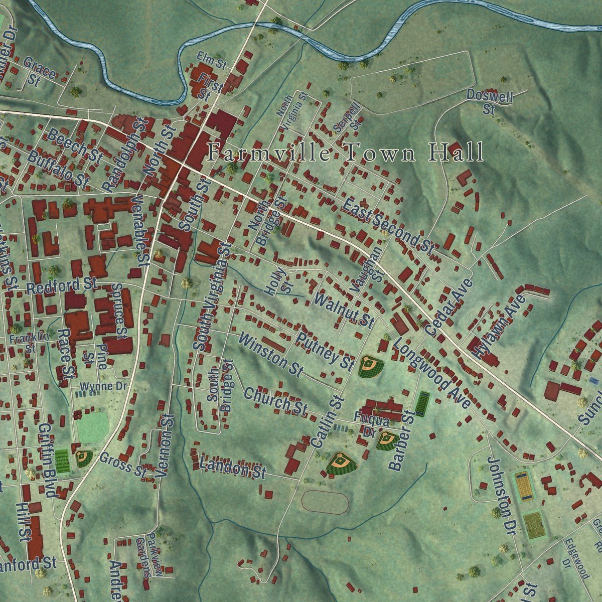 Close-up of the map of Farmville, Virginia print showing street and building detail