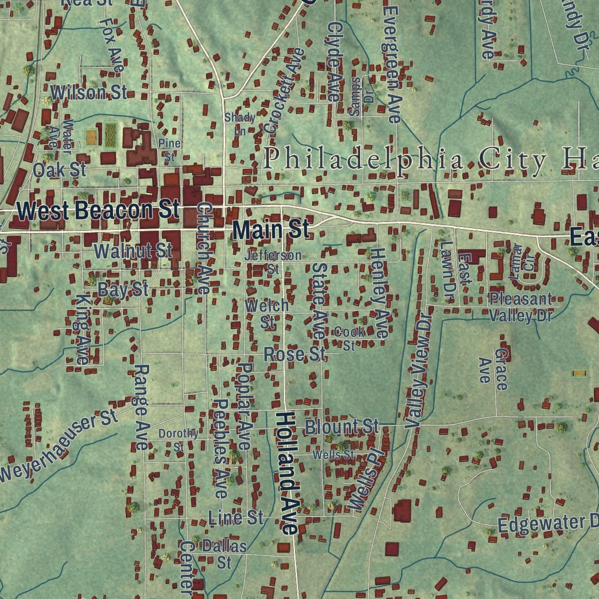 Close-up of the map of Philadelphia, Mississippi print showing street and building detail