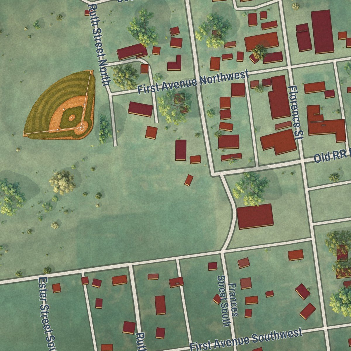 Close-up of the map of Streeter, North Dakota print showing street and building detail
