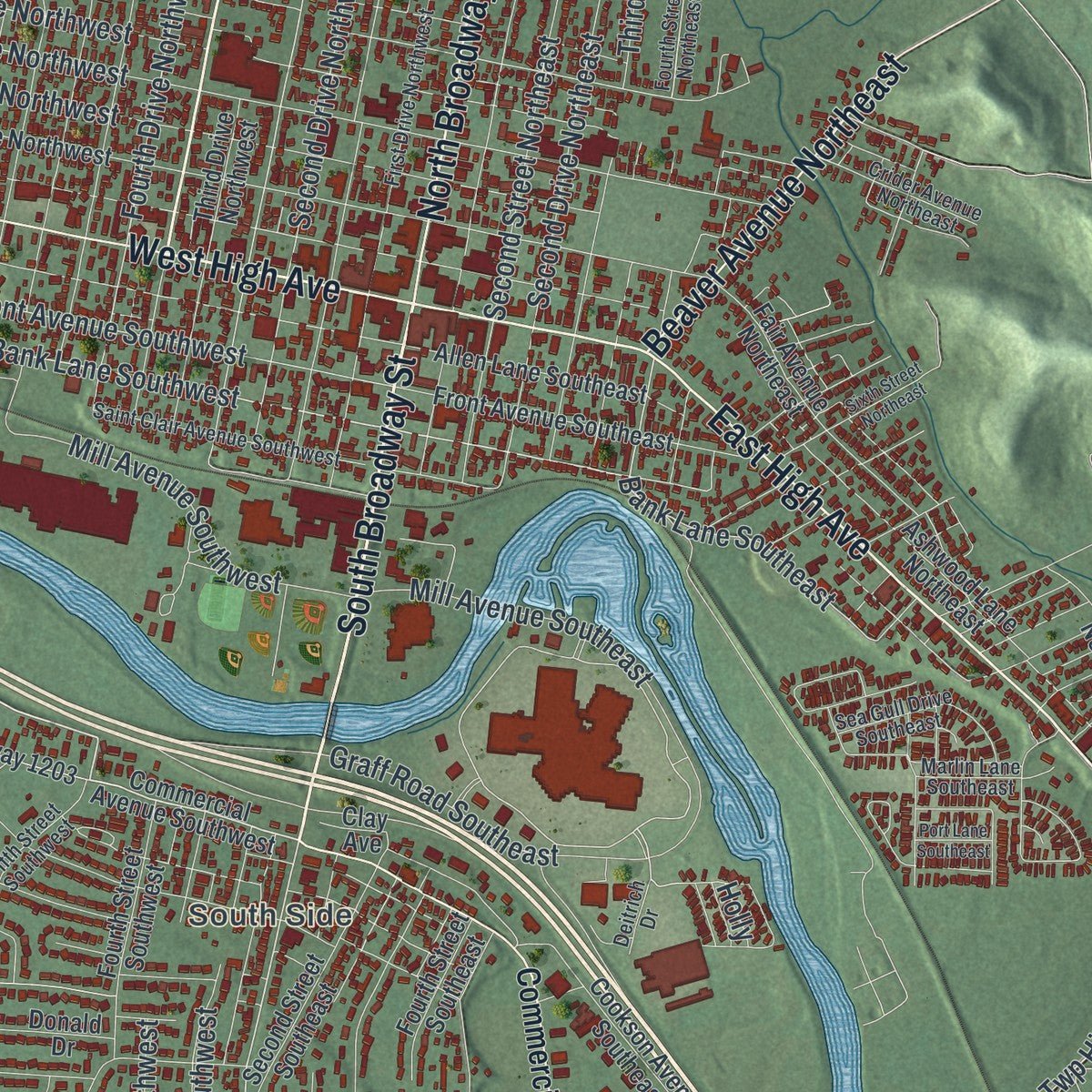Close-up of the map of New Philadelphia, Ohio print showing street and building detail