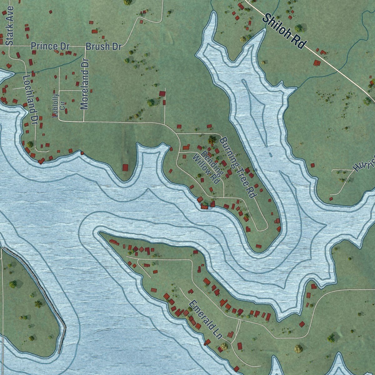 Close-up of the map of Greers Ferry, Arkansas print showing street and building detail