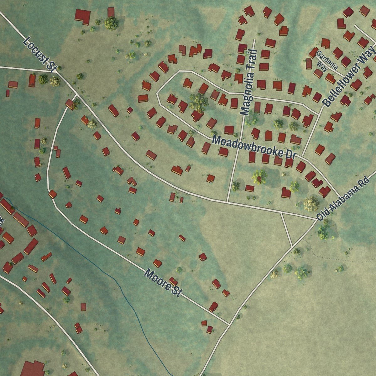 Close-up of the map of Milner, Georgia print showing street and building detail