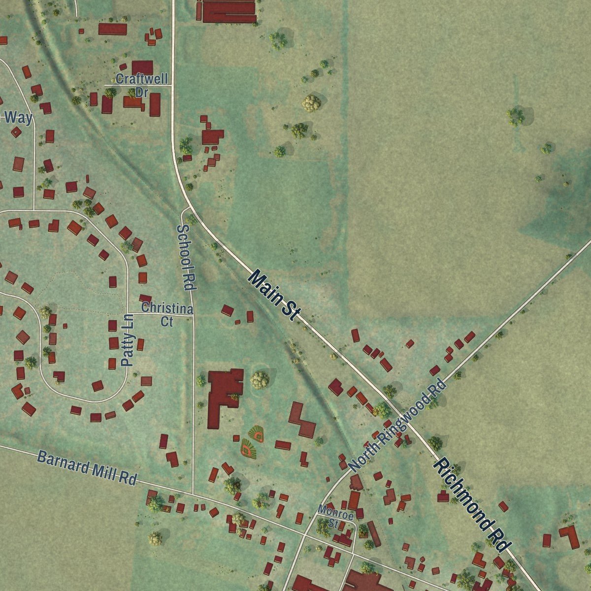 Close-up of the map of Ringwood, Illinois print showing street and building detail