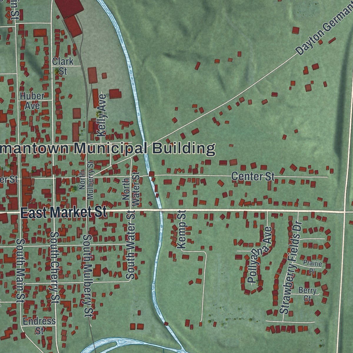 Close-up of the map of Germantown, Ohio print showing street and building detail