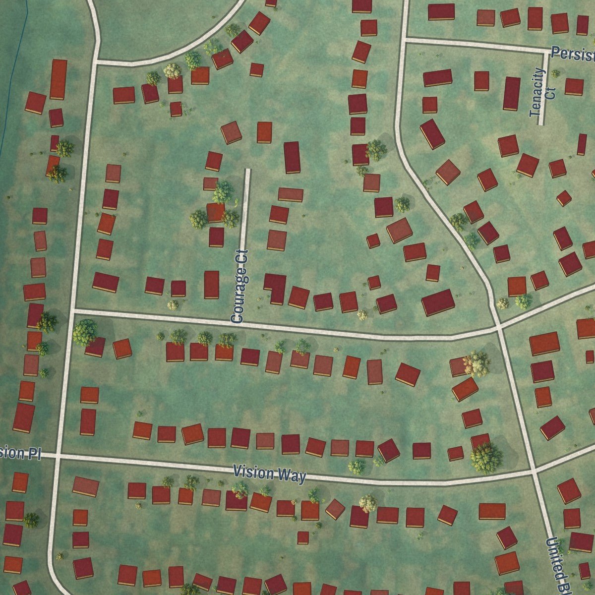 Close-up of the map of Heritage Creek, Kentucky print showing street and building detail