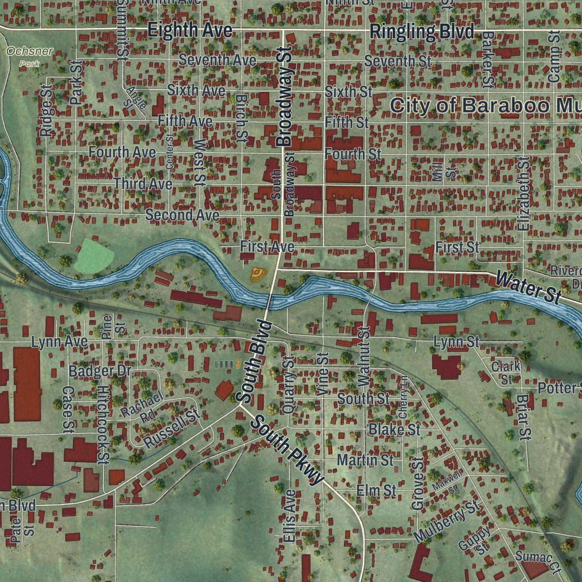 Close-up of the map of Baraboo, Wisconsin print showing street and building detail