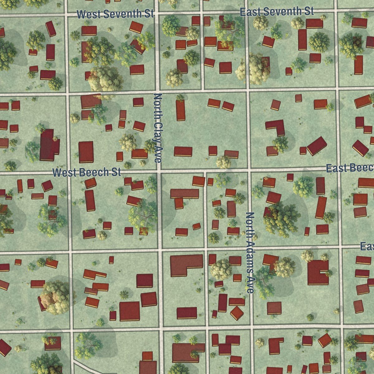 Close-up of the map of Harvard, Nebraska print showing street and building detail
