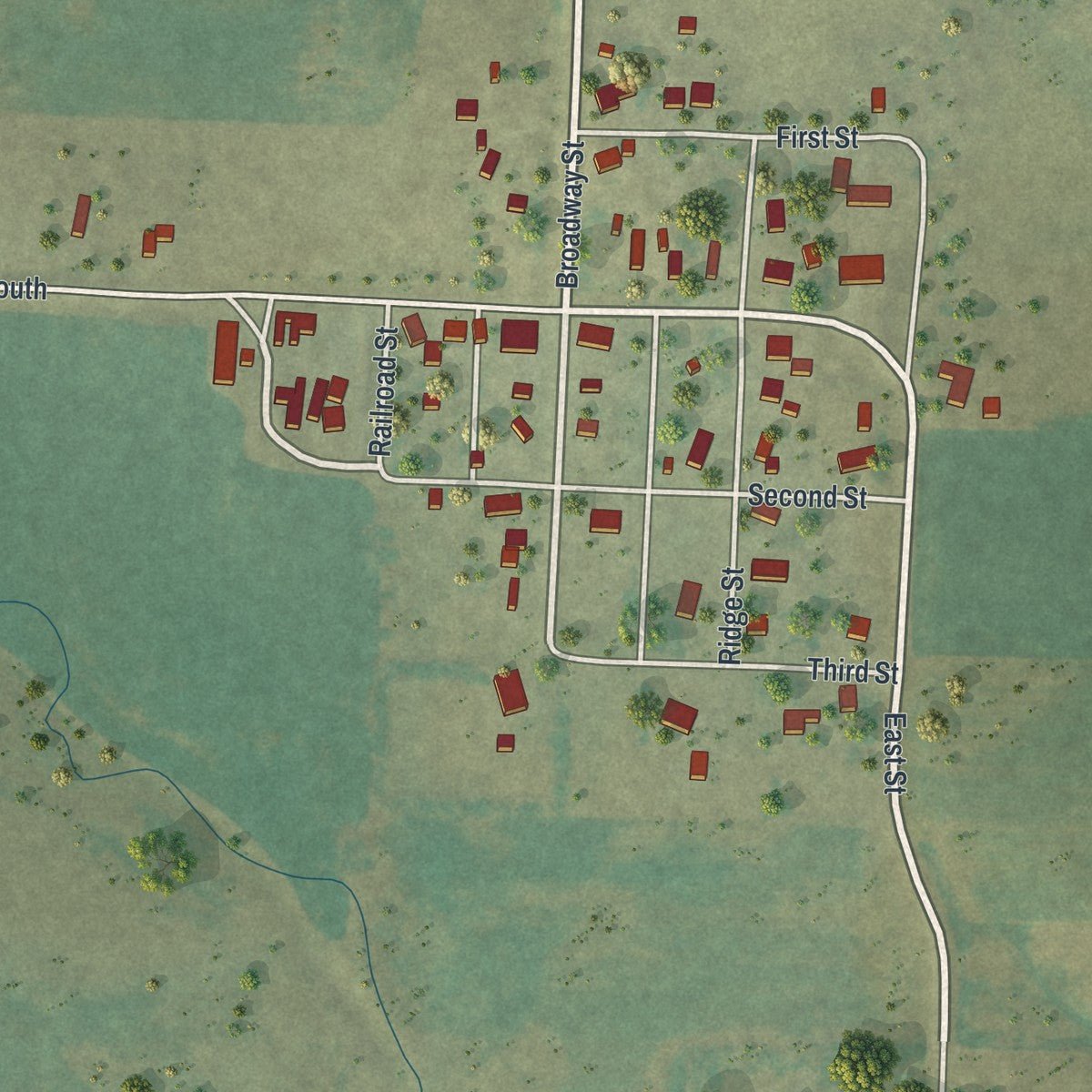Close-up of the map of Trosky, Minnesota print showing street and building detail