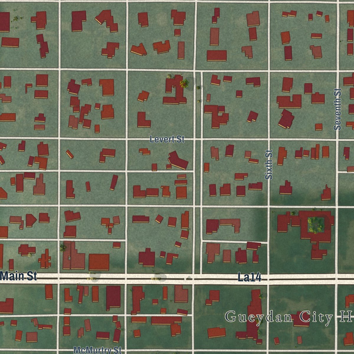 Close-up of the map of Gueydan, Louisiana print showing street and building detail