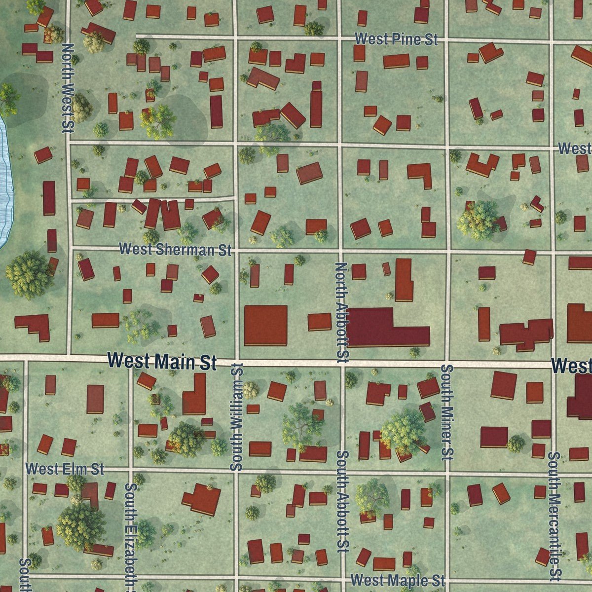 Close-up of the map of Carson City, Michigan print showing street and building detail
