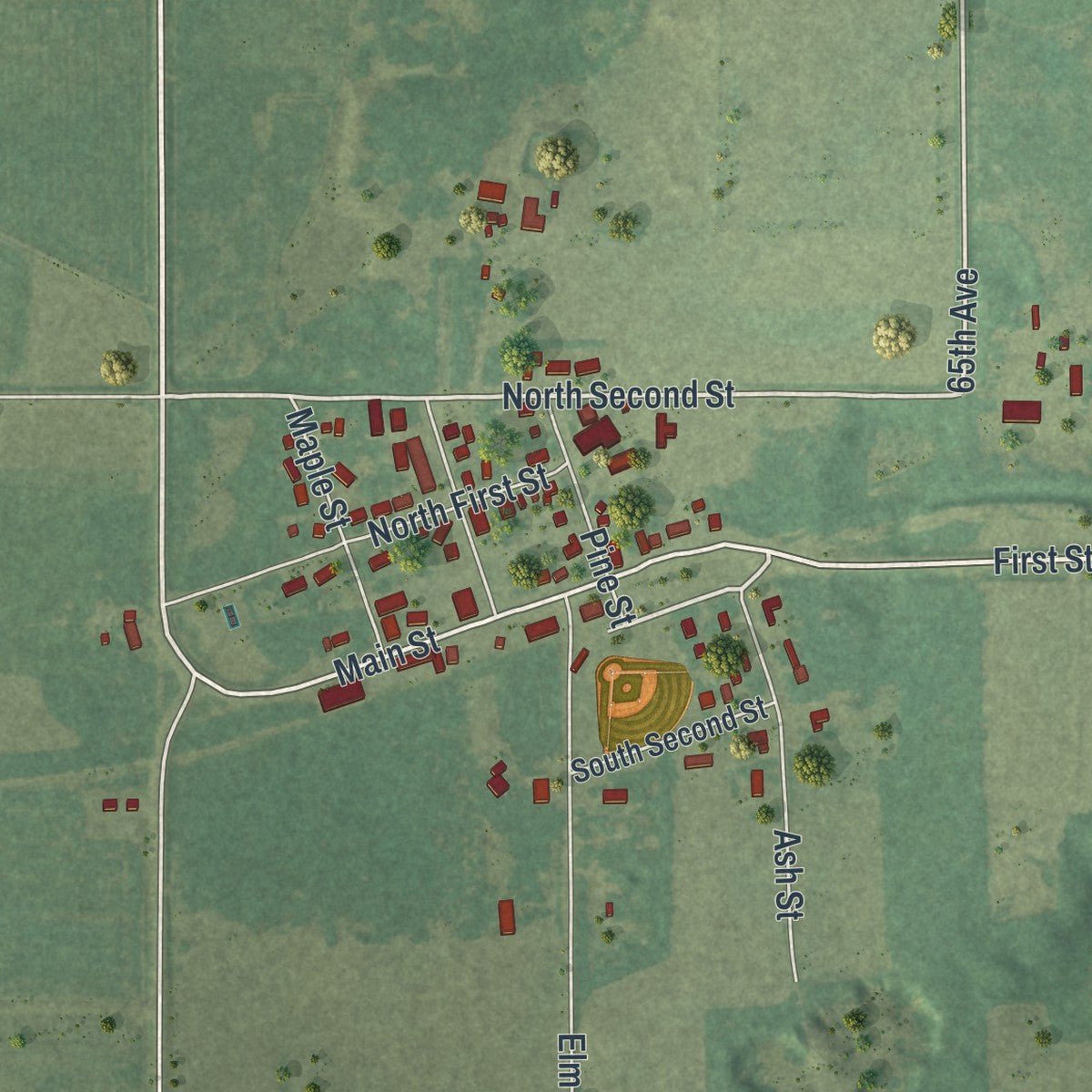 Close-up of the map of Flensburg, Minnesota print showing street and building detail