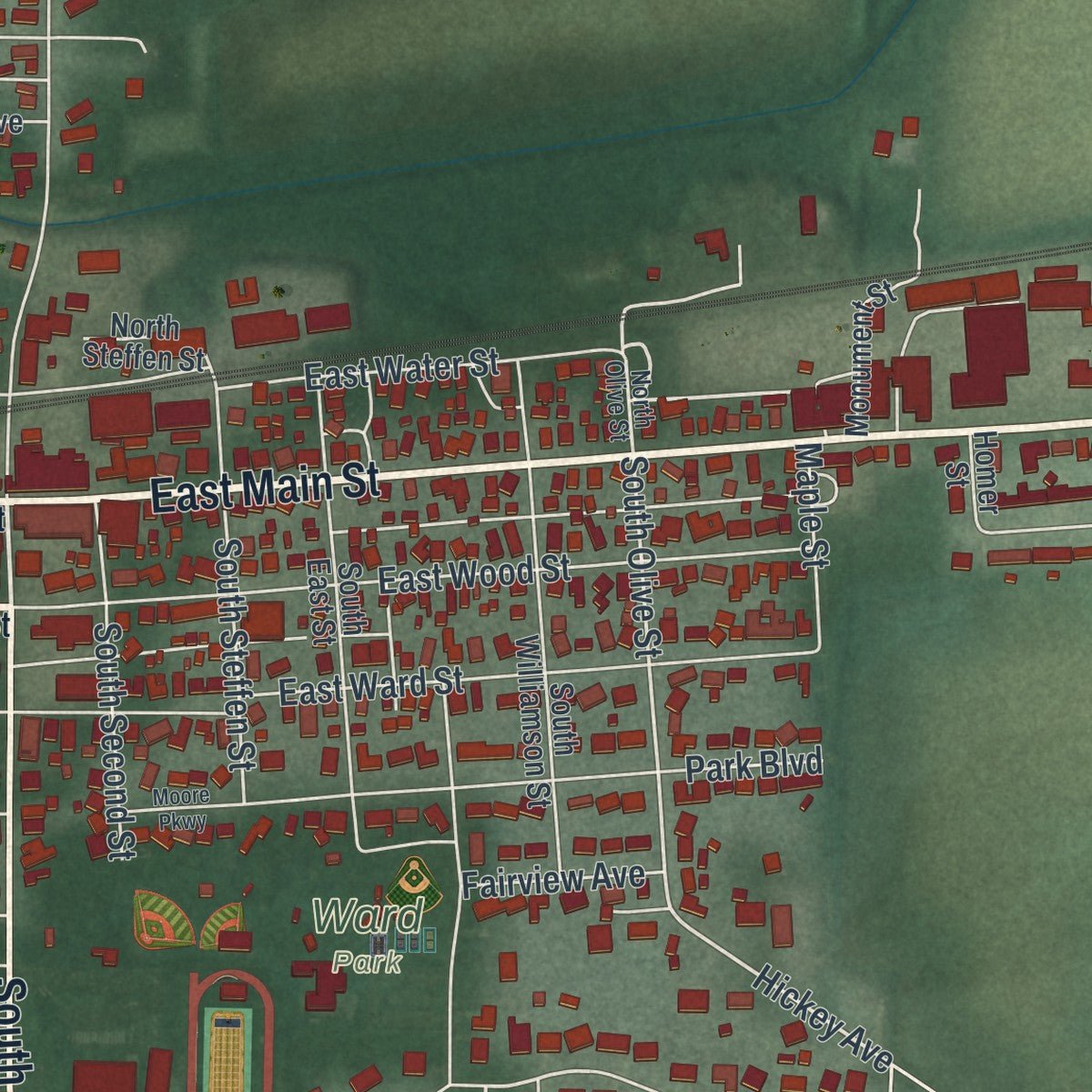 Close-up of the map of Versailles, Ohio print showing street and building detail