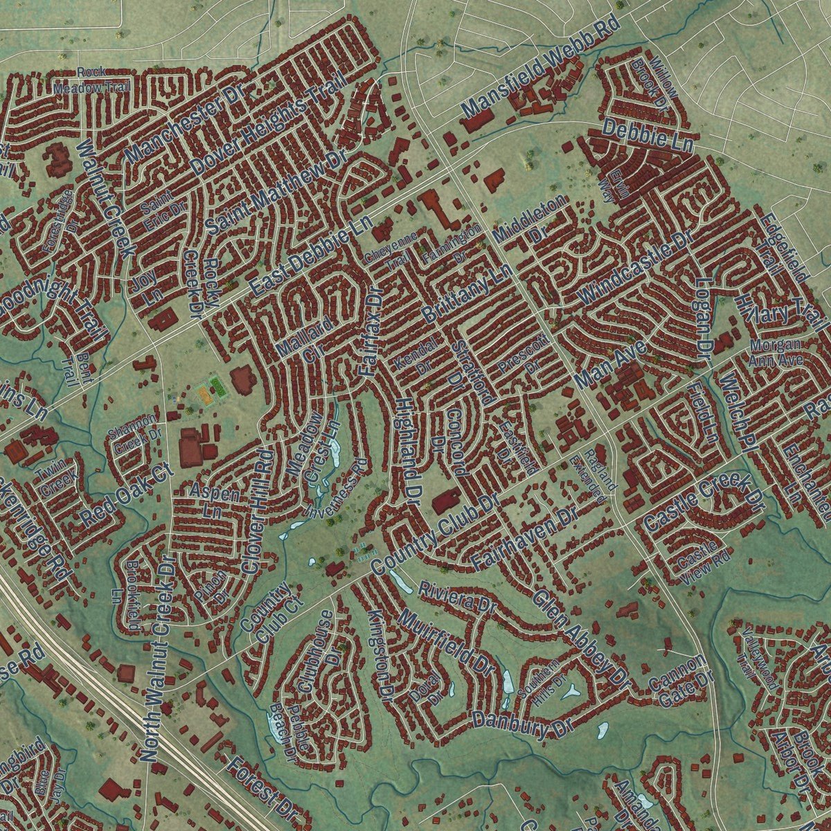 Close-up of the map of Mansfield, Texas print showing street and building detail