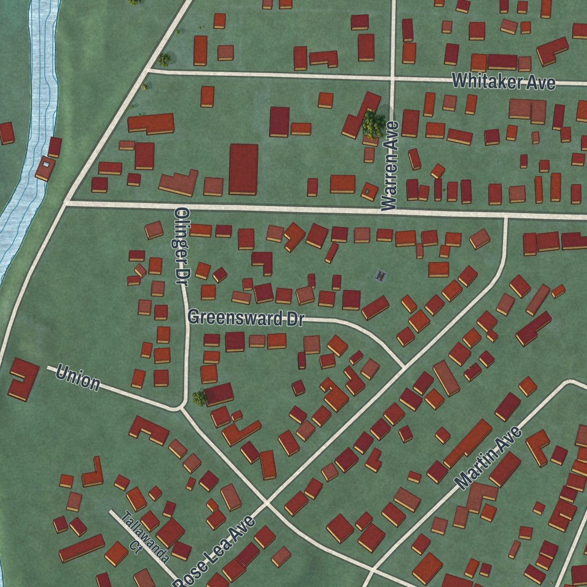 Close-up of the map of New Miami, Ohio print showing street and building detail