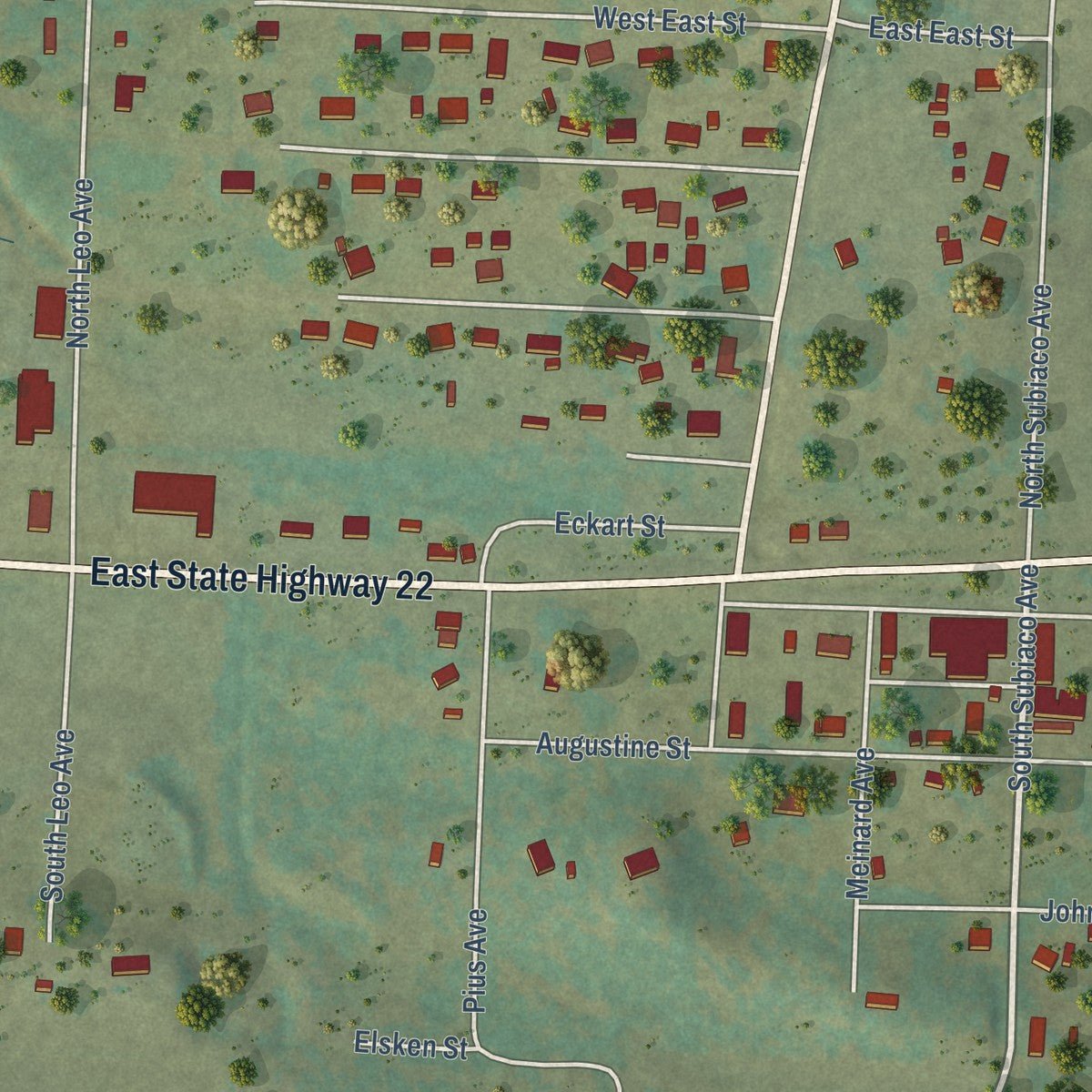 Close-up of the map of Subiaco, Arkansas print showing street and building detail