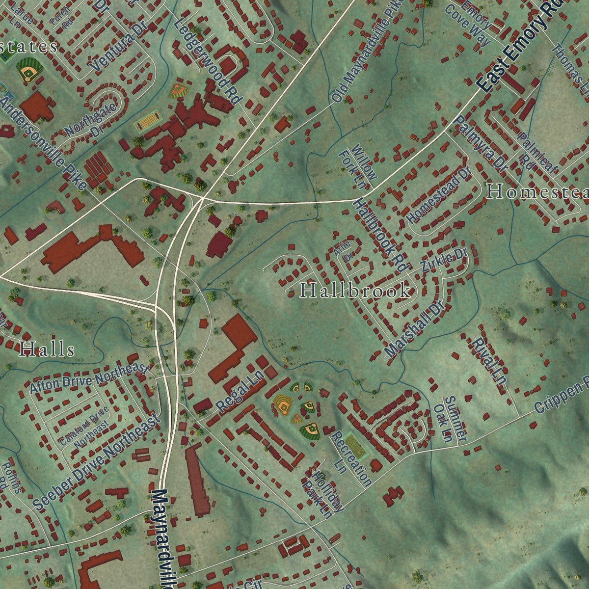 Close-up of the map of Halls Crossroads, Tennessee print showing street and building detail