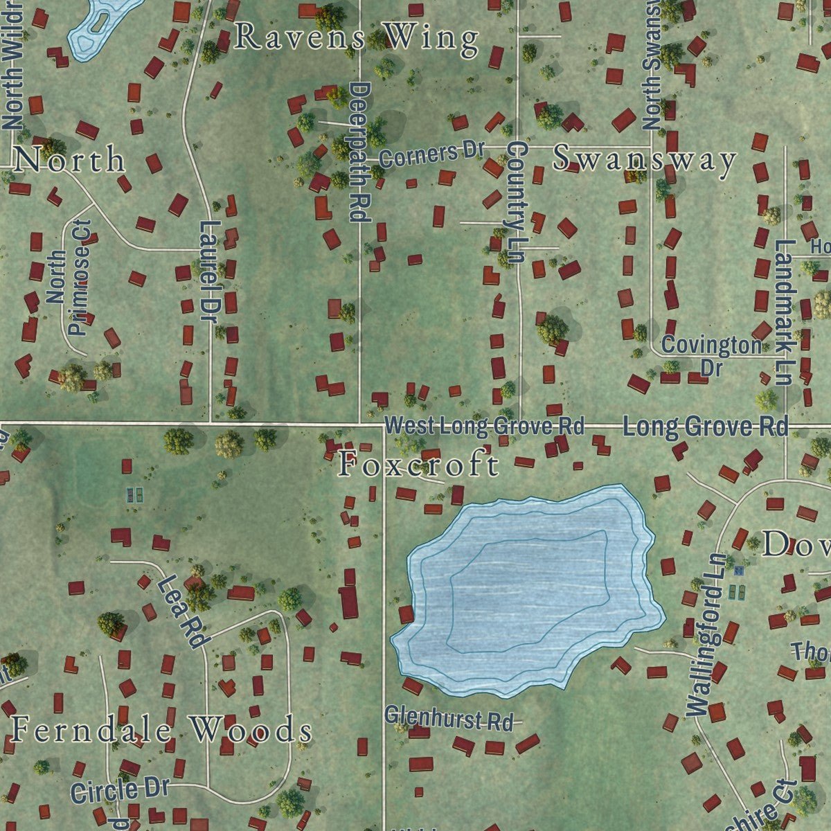 Close-up of the map of Deer Park, Illinois print showing street and building detail
