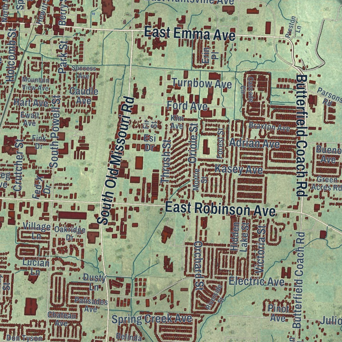Close-up of the map of Springdale, Arkansas print showing street and building detail