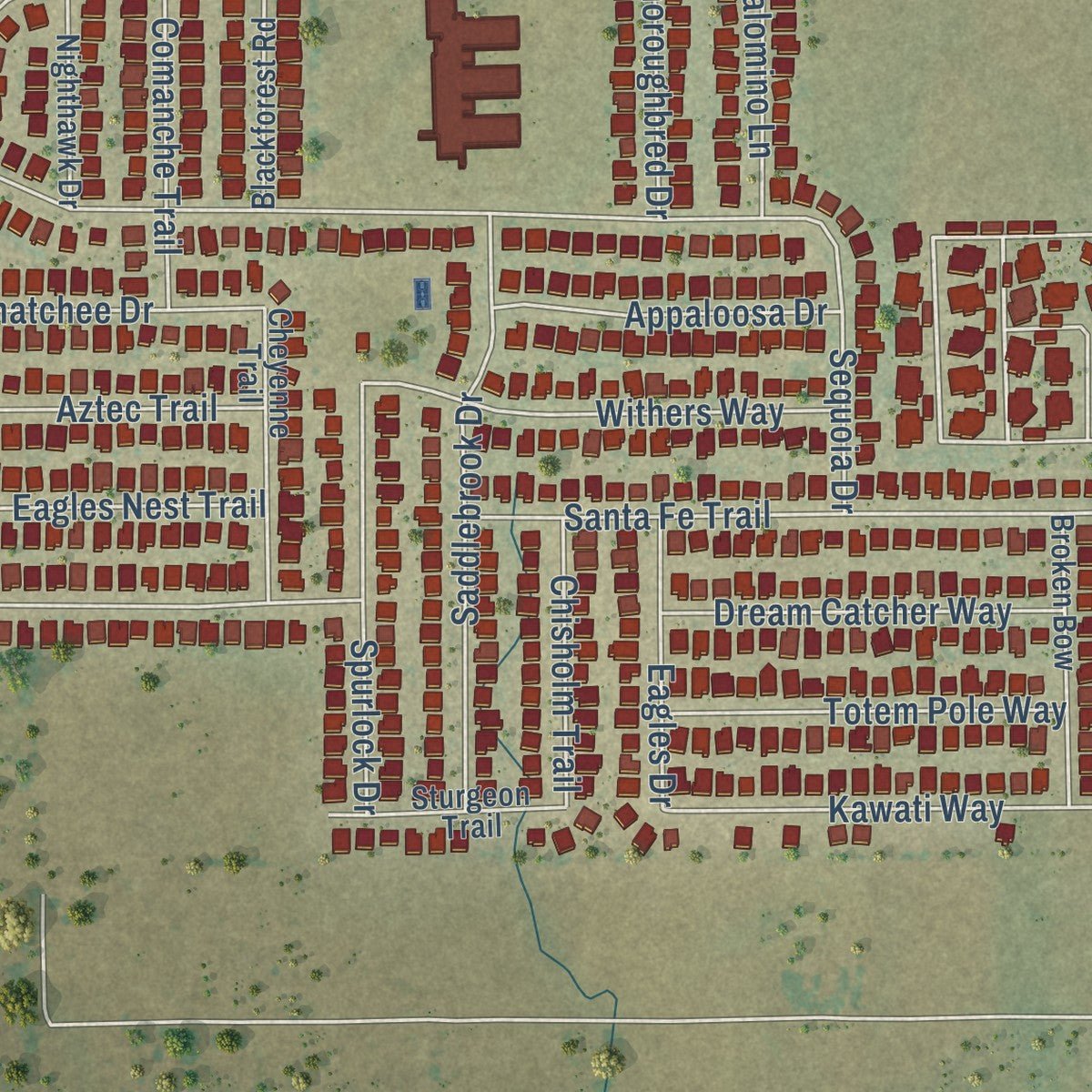 Close-up of the map of Krum, Texas print showing street and building detail