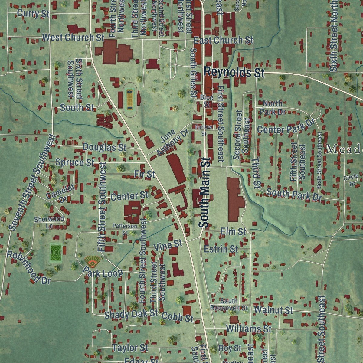 Close-up of the map of Springhill, Louisiana print showing street and building detail