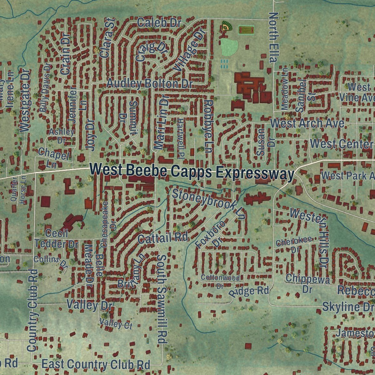 Close-up of the map of Searcy, Arkansas print showing street and building detail