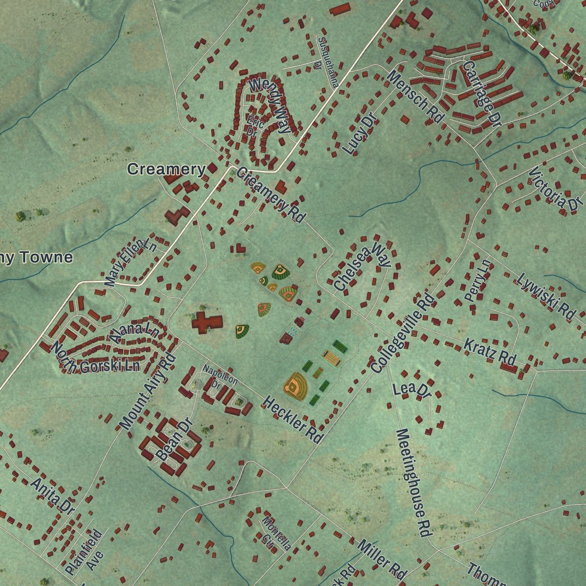 Close-up of the map of Skippack, Pennsylvania print showing street and building detail