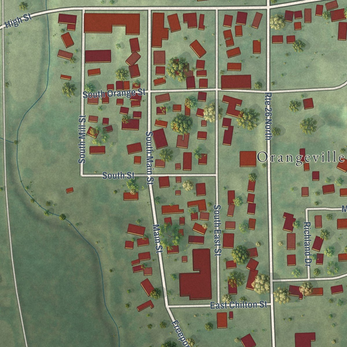 Close-up of the map of Orangeville, Illinois print showing street and building detail