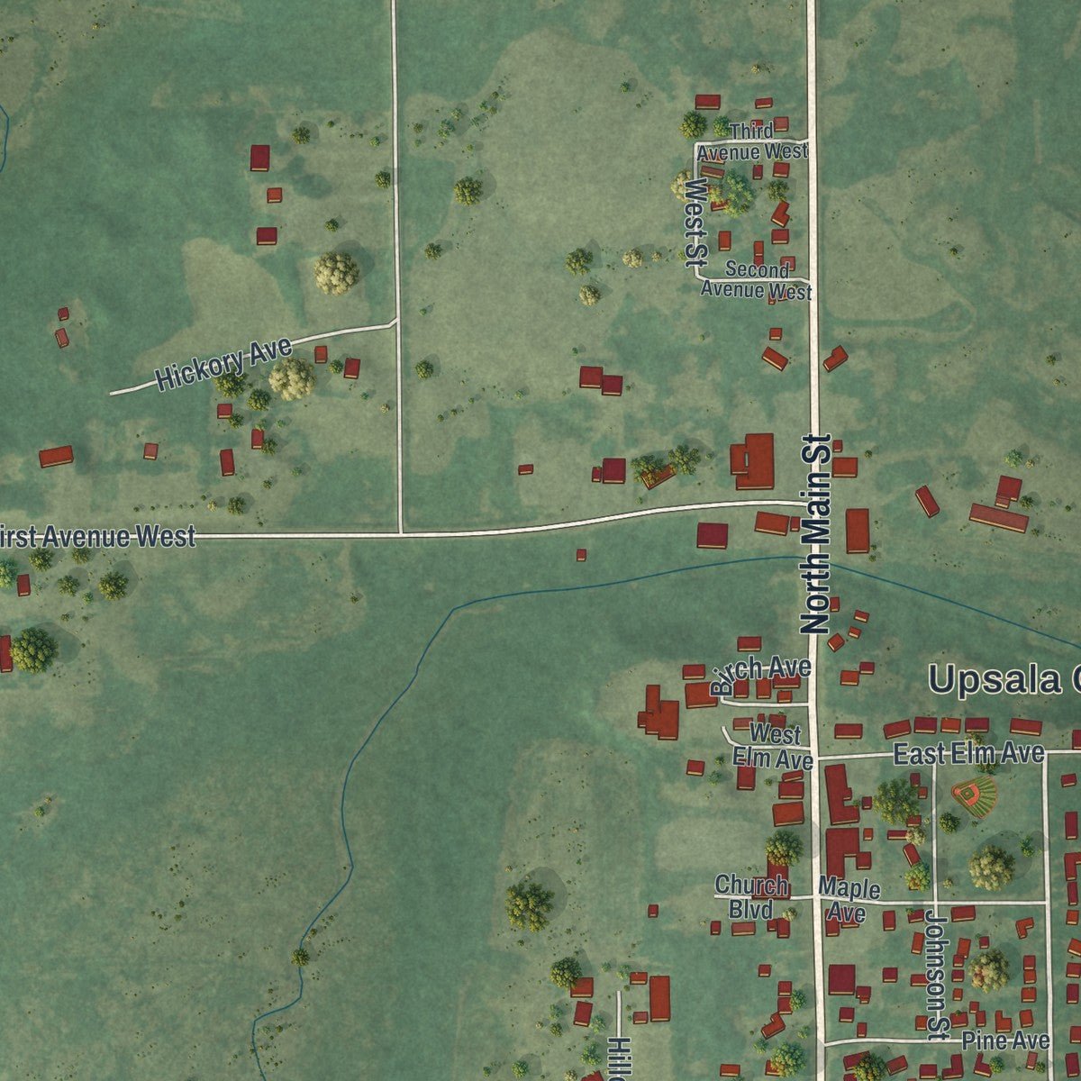Close-up of the map of Upsala, Minnesota print showing street and building detail