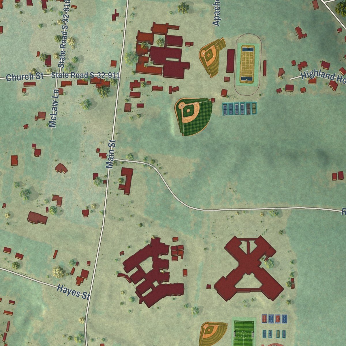Close-up of the map of Gilbert, South Carolina print showing street and building detail