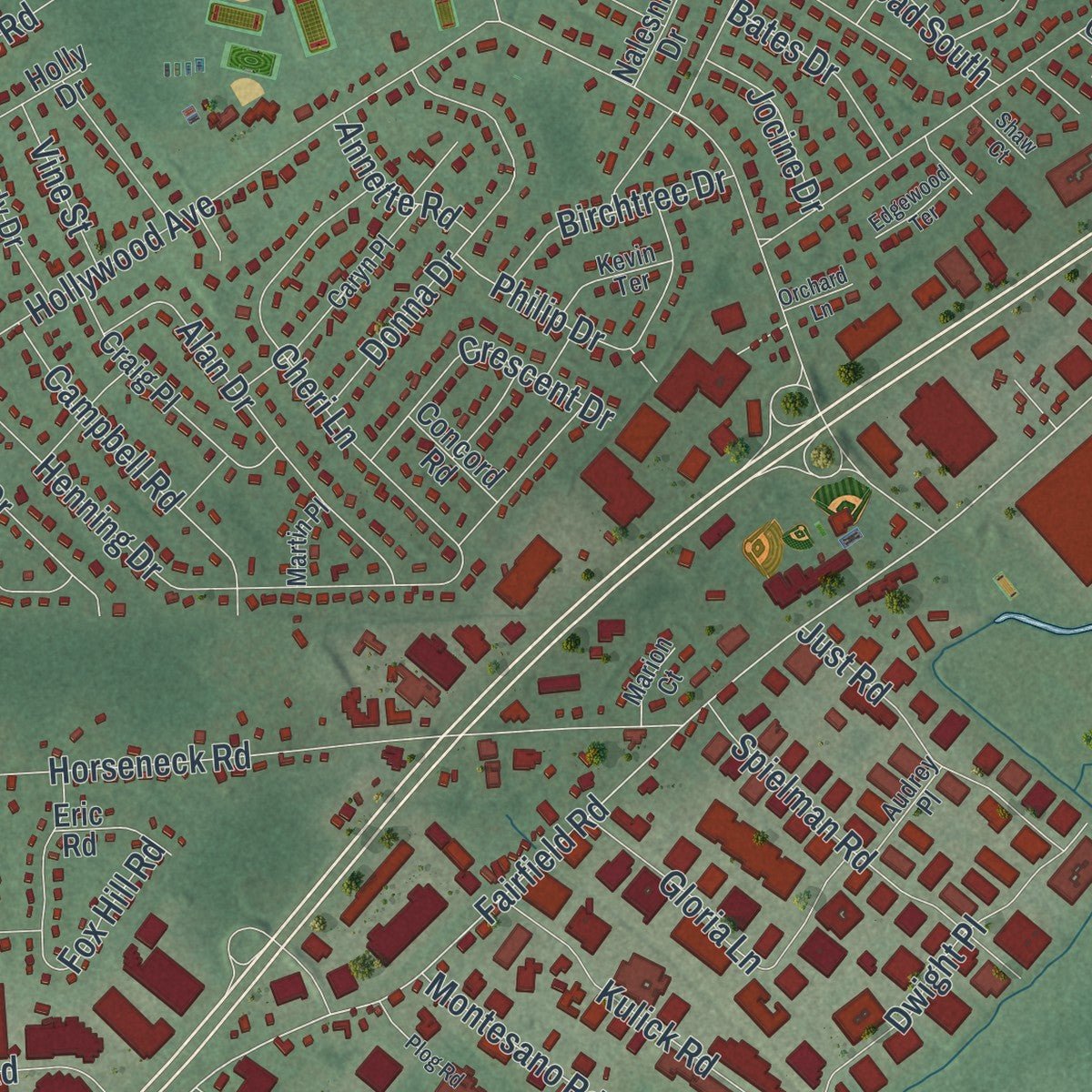 Close-up of the map of Fairfield, Essex County, New Jersey print showing street and building detail
