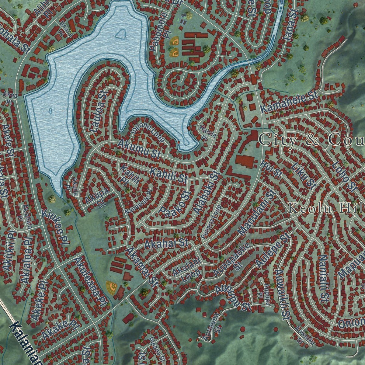 Close-up of the map of Kailua, Honolulu County, Hawaii print showing street and building detail