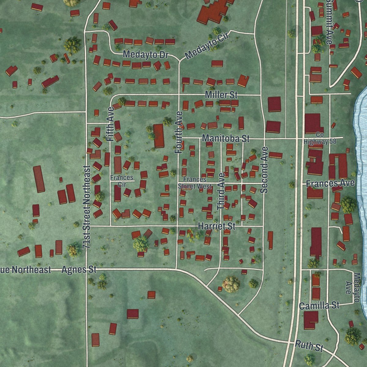 Close-up of the map of Spicer, Minnesota print showing street and building detail