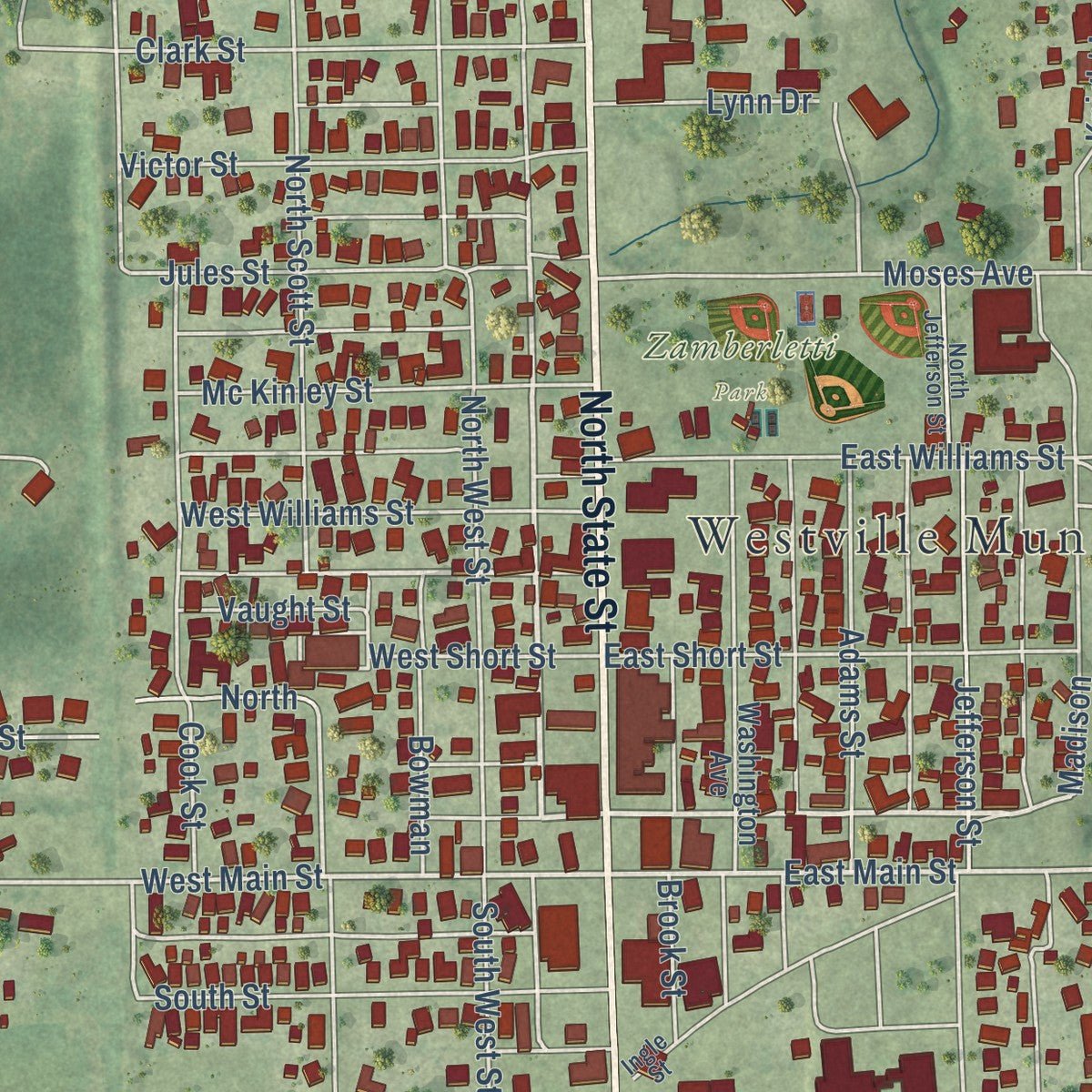 Close-up of the map of Westville, Illinois print showing street and building detail